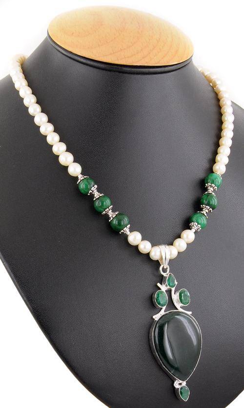 Designer 52.5 Gm Pearl, Emerald and Green Onyx Gemstone Beaded Necklace