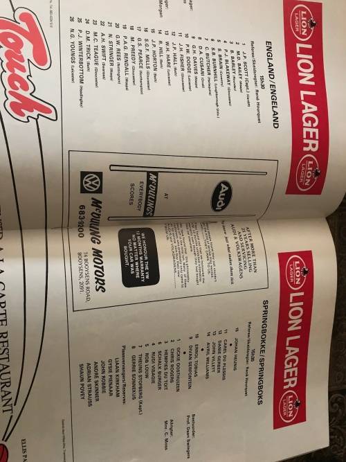 5 SPRINGBOK RUGBY PROGRAMS: SOUTH AFRICA VS ENGLAND ( 1972,84,94, 2007)