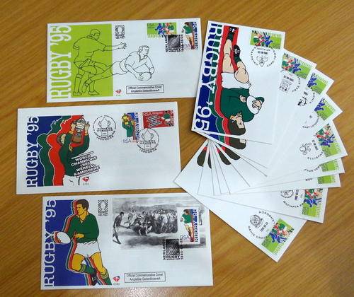 Rugby 95 3xFDC and postcards