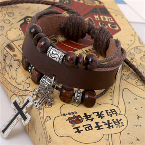 Vintage Punk Wood Beads - Multilayer Cross Pendant - Rope Leather Bracelets