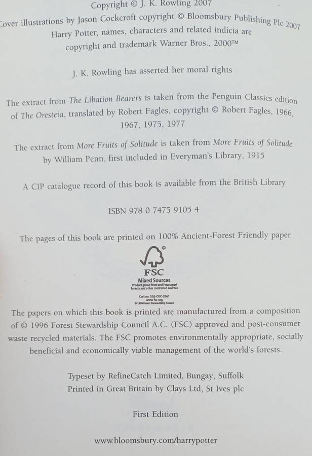 Harry Potter and the Deathly Hallows - Hard Cover, First Edition