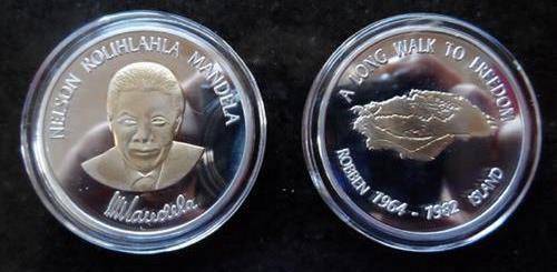 NELSON MANDELA A LONG WALK TO FREEDOM 1964-1982 ROBBEN ISLAND SIGNED SILVER AND GOLD PLATED COIN