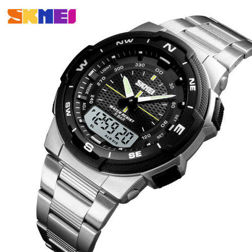 SKMEI Men Fashion Sport Dual Display Analog & Digital Stainless Steel Watch (SILVER)
