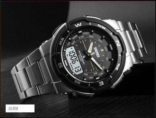 SKMEI Men Fashion Sport Dual Display Analog & Digital Stainless Steel Watch (SILVER)