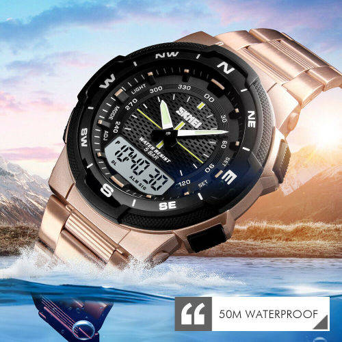SKMEI Men Fashion Sport Dual Display Analog & Digital Stainless Steel Watch (SILVER)