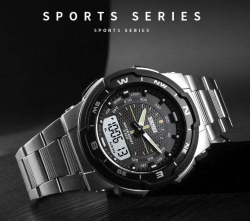 SKMEI Men Fashion Sport Dual Display Analog & Digital Stainless Steel Watch (SILVER)
