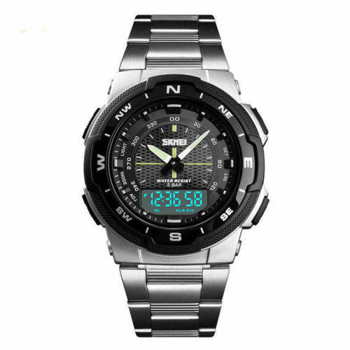 SKMEI Men Fashion Sport Dual Display Analog & Digital Stainless Steel Watch (SILVER)