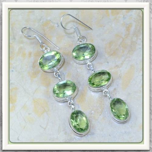 ***EXQUISITE*** LONG GREEN AMETHYST GEMSTONE .925 SILVER EARRINGS