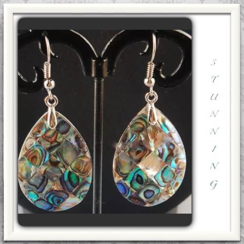 ***SOOO.. BEAUTIFUL***STUNNING BLUE NEW ZEALAND ABALONE SILVER EARRINGS
