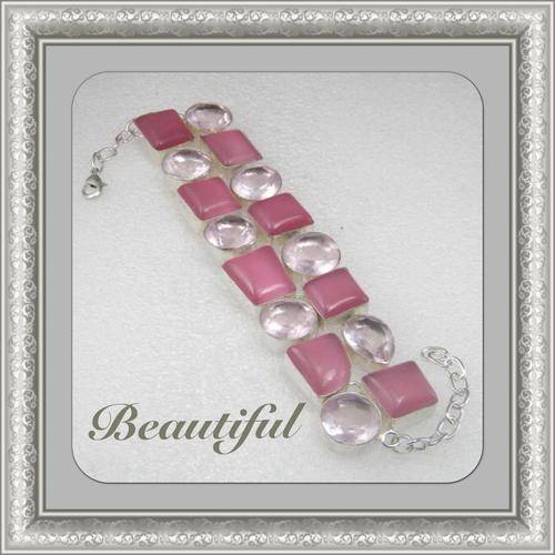 EXCEPTIONAL PINK QUARTZ & PINK CATS EYE NATURAL GEMSTONE 925 SILVER BRACELET 7-9" - BJB 124763