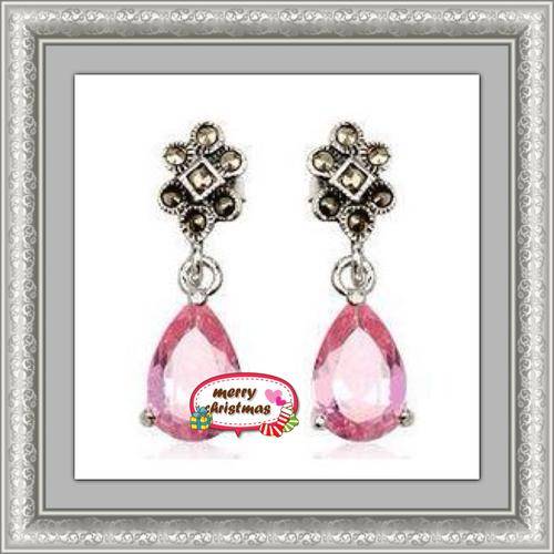 ***SPECTACULAR***GORGEOUS 925 STERLING SILVER MARCASITE & BABY PINK SAPPHIRE EARRINGS