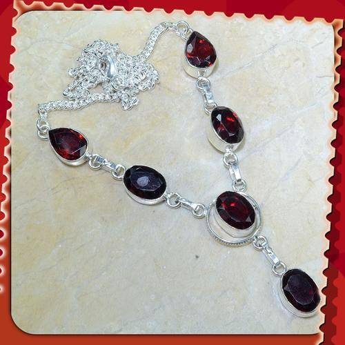 ***SPECTACULAR ***MARQUISE CUT RED GARNET GEMSTONES 925 STERLING SILVER NECKLACE