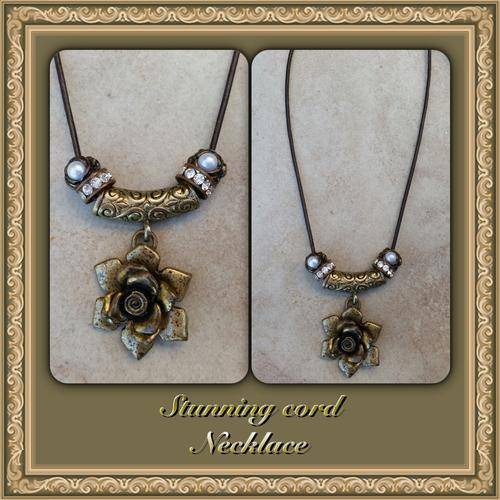 ***STUNNING***GOLD FASHION NECKLACE BROWN CORD AND ROSE WITH PEARL DIAMANTE RONDELLES +free bracelet