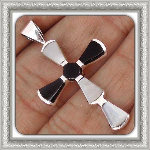 ***MALE/FEMALE***  BLACK ONYX CROSS SOLID .925 STERLING SILVER PENDANT