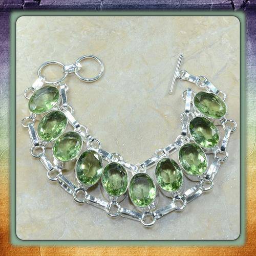 ***BEAUTIFULY DESIGNED *** GREEN AMETHYST GEMSTONE  .925 STERLING SILVER BRACELET