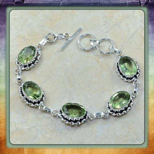 ***BEAUTIFULY DESIGNED *** GREEN AMETHYST GEMSTONE  .925 STERLING SILVER BRACELET