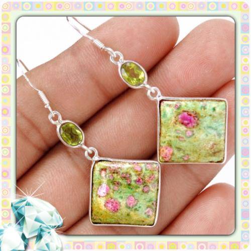 ***EVER SO PRETTY*** ONE OF A KIND RUBY IN FUSCHITE, PERIDOT GEMSTONE .925 STERLING SILVER EARRINGS