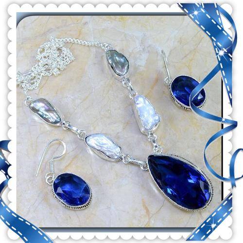 ***DESIRABLE*** NATURAL IOLITE , BIWA PEARL .925 SILVER NECKLACE & EARRINGS