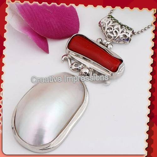 ***ONLY ONE -DONT MISS THIS STUNNING ITEM***NATURAL RED CORAL, MOTHER OF PEARL SILVER PENDANT