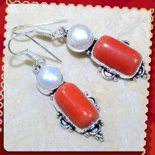 ***ABSOLUTLELY STUNNING*** NATURAL RED CORAL, RIVER PEARL GEMSTONE .925 SILVER EARRINGS