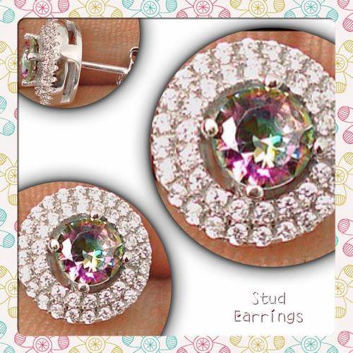 ***EXQUISITE DAZZLING*** MYSTIC RAINBOW TOPAZ,WHITE TOPAZ STUD EARRINGS IN SOLID 925 STERLING SILVER