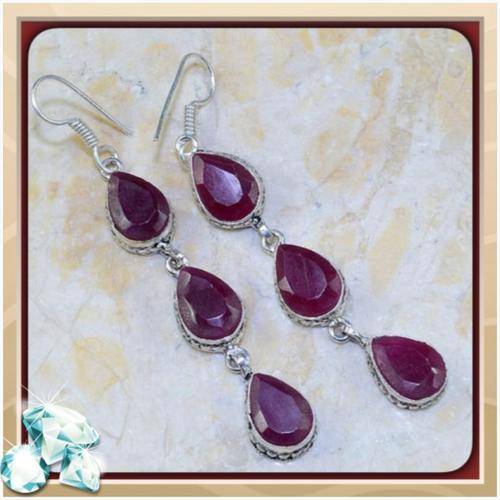 ***SHADES OF AUTUMN*** SUBLIME WINE RED INDIAN RUBY QUARTZ EARRINGS SET IN .925 SILVER