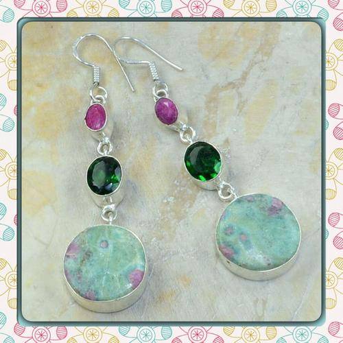 ***NEW INCREDIBLE***INDIAN RUBY QUARTZ, RUBY ZOISITE, EMERALD QUARTZ EARRINGS SET IN 925 SILVER