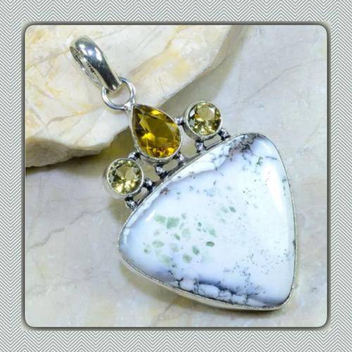 ***WEAR WITH SEASONAL GREYS, WHITE /YELLOW***NATURAL DENDRITIC AGATE, CITRINE SILVER PENDANT