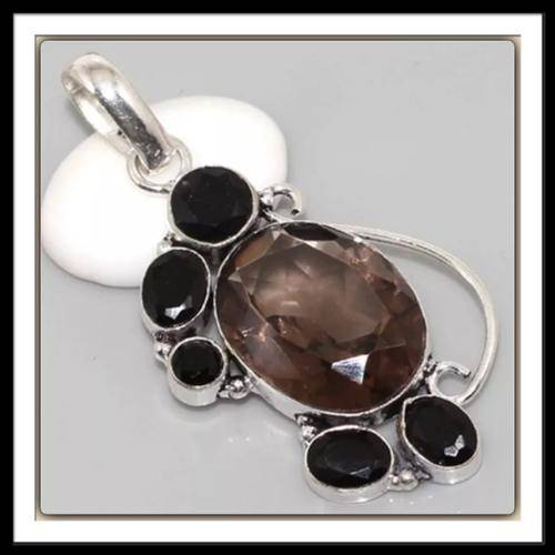 ***ARTISTIC MODERN DESIGN*** NATURAL SMOKEY TOPAZ, BLACK ONYX GEMSTONE .925  SILVER PENDANT