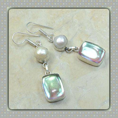 ***EXQUISITE PASTELS *** MADAGASCAR FIRE QUARTZ, PEARL GEMSTONE 925 SILVER EARRINGS