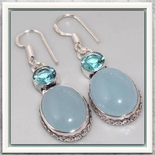 ***JUST LOVE THIS COLOUR***  BLUE CHALCEDONY, BLUE APATITE .925 STERLING SILVER EARRINGS
