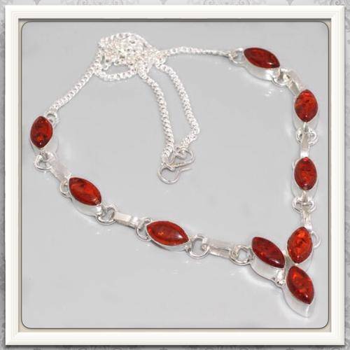 ***SENSATIONAL MARQUISE*** PRESSED AMBER  GEMSTONES IN .925 SILVER NECKLACE