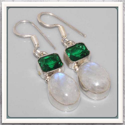 ***ONE OF A KIND *** EMERALD GREEN QUARTZ, MOONSTONE GEMSTONE .925 SILVER  EARRINGS