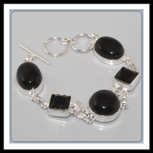 ***SUPREME ELEGANCE***  NATURAL FACETED BLACK ONYX  GEMSTONE .925 SILVER BRACELET