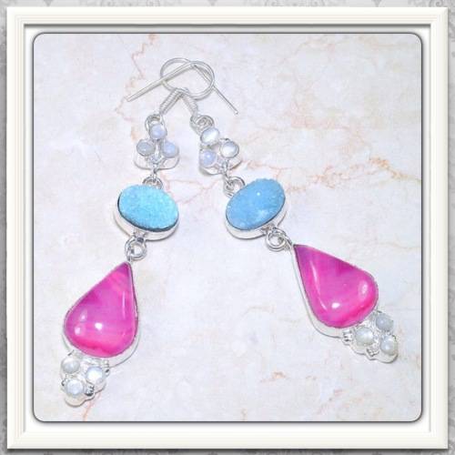***ONE OF A KIND*** LONG NATURAL MULTI GEMS  .925 SILVER EARRINGS