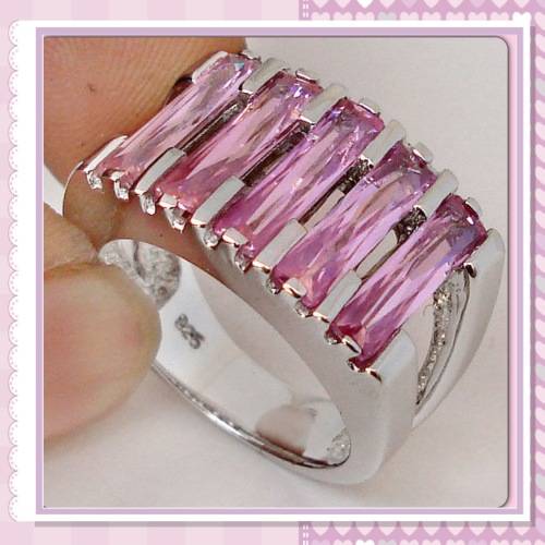 ***RARE FIND- ASTOUNDING QUALITY*** PINK KUNZITE BAGUETTES SOLID.925 STERLING SILVER RING SIZE 8