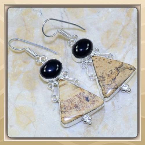 *** WONDER OF NATURE ***NATURAL PICTURE JASPER, BLACK ONYX GEMSTONE 925 SILVER EARRINGS
