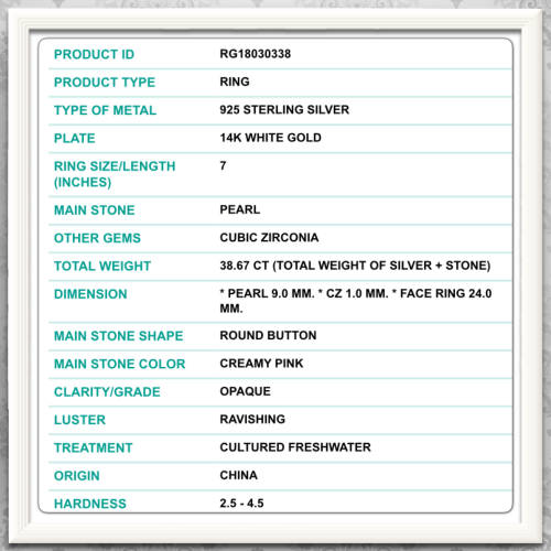***SPECTACULAR ELEGANCE ERV R13 999***DELUXE NATURAL PINK PEARL, WHITE CZ  .925 SILVER SIZE 9