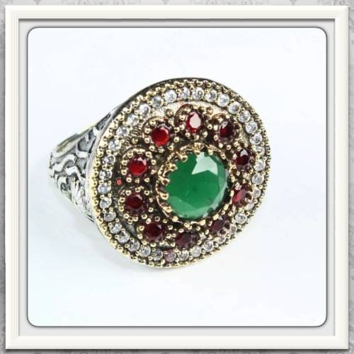 ***GORGEOUS TURKISH FLAIR*** TWO TONE RUBY EMERALD QUARTZ TOPAZ GEMSTONE SILVER RING SIZE 11