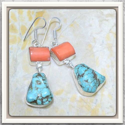 ***SENSATIONAL ***  TURQUOISE GEMSTONE ORANGE SPONGE CORAL . 925 SILVER FILLED EARRINGS