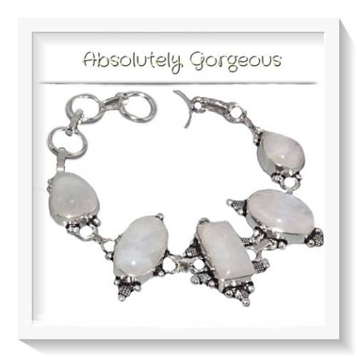 ***BREATHTAKING ***NATURAL RAINBOW MOONSTONE GEMSTONE .925 SILVER BRACELET