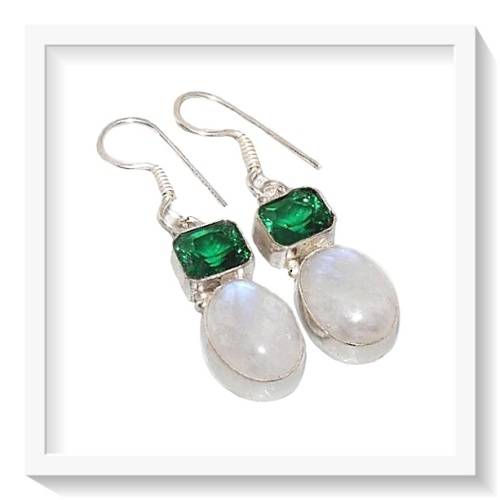 ONE OF A KIND EMERALD GREEN QUARTZ, MOONSTONE GEMSTONE .925 SILVER  EARRINGS