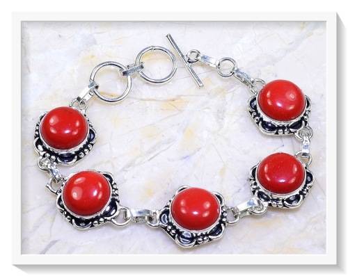 Handmade Antique Style Red Coral Gemstone .925 Sterling Silver Plated Bracelet