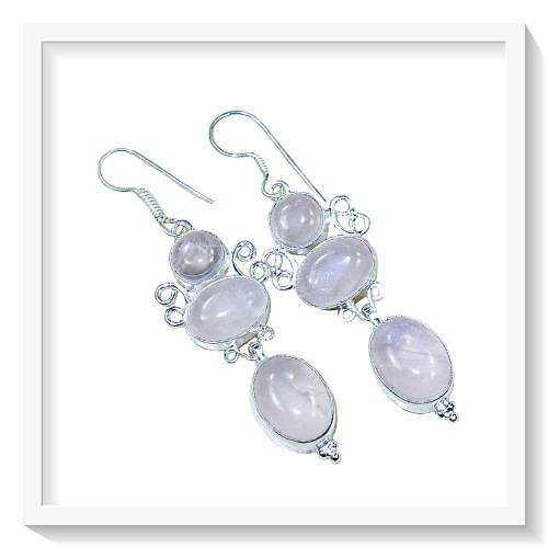 NATURAL PINK ROSE QUARTZ LONG DANGLE EARRINGS .925 SILVER