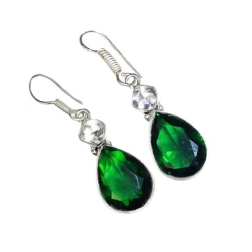 AMAZING EMERALD GREEN QUARTZ, WHITE TOPAZ GEMSTONE 925 SILVER  EARRINGS