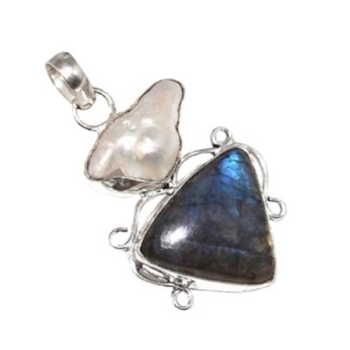 AWESOME NATURAL BLUE FIRE LABRADORITE , BIWA PEARL GEMSTONE  .925 SILVER  PENDANT