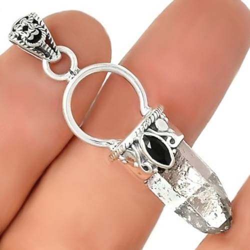 Natural Herkimer Diamond and Black Onyx set in Solid .925 Sterling Silver Pendant