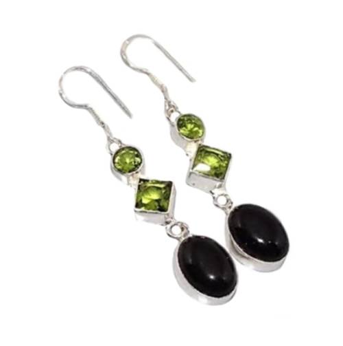 EXTREMELY BEAUTIFUL PERIDOT, BLACK ONYX GEMSTONE .925 SILVER EARRINGS