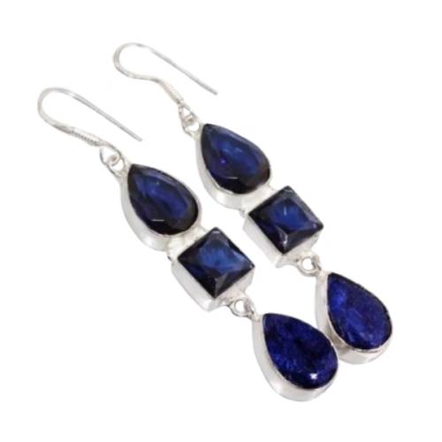 STUNNING INDIAN SAPPHIRE, BLUE QUARTZ GEMSTONE 925 SILVER LONG EARRINGS