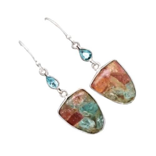 NEW ARRIVAL NATURAL AQUAMARINE IN SUNSTONE, BLUE TOPAZ  SOLID 925  STERLING SILVER EARRINGS
